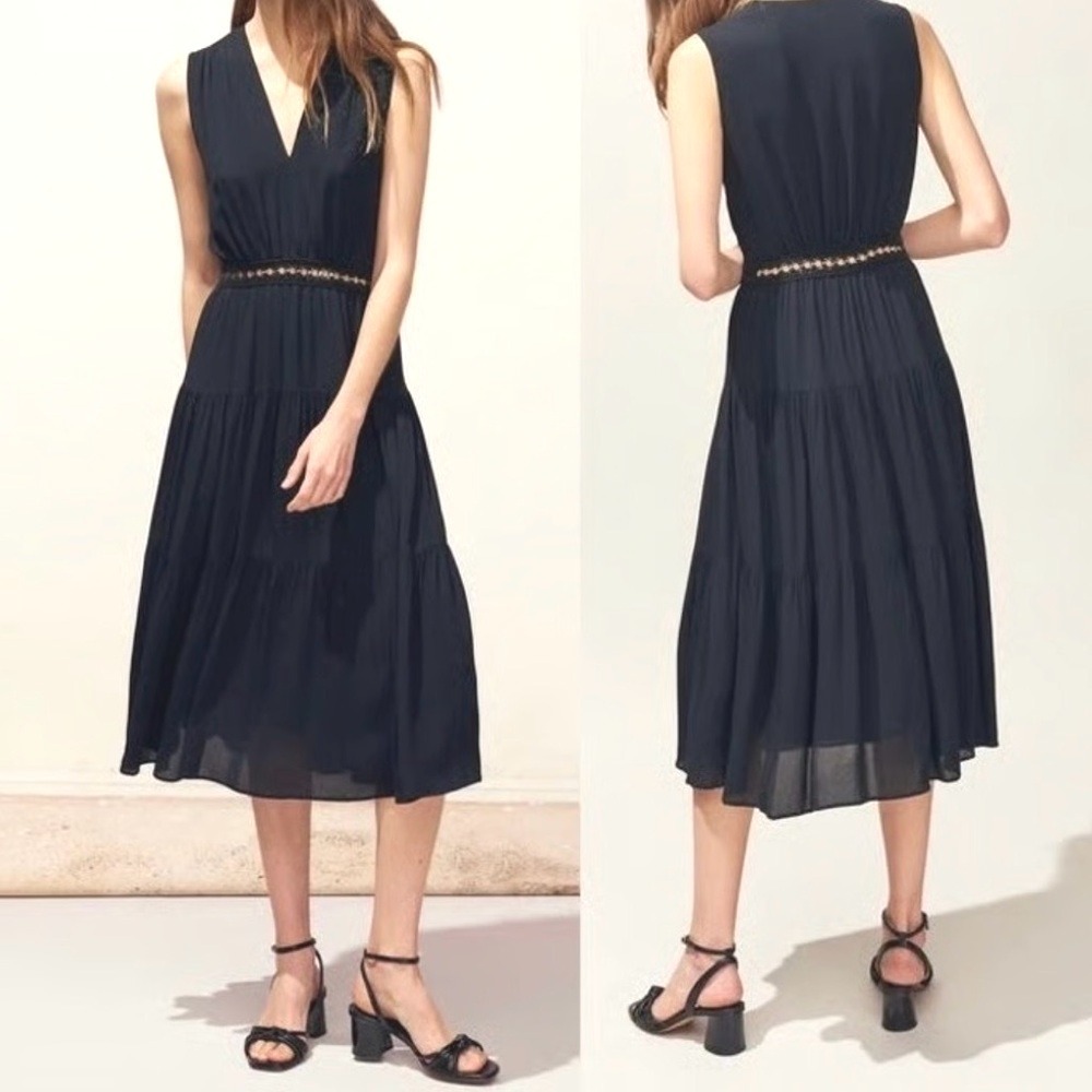 Sleeveless Black Midi Dress with V-Neck and Waist Detail